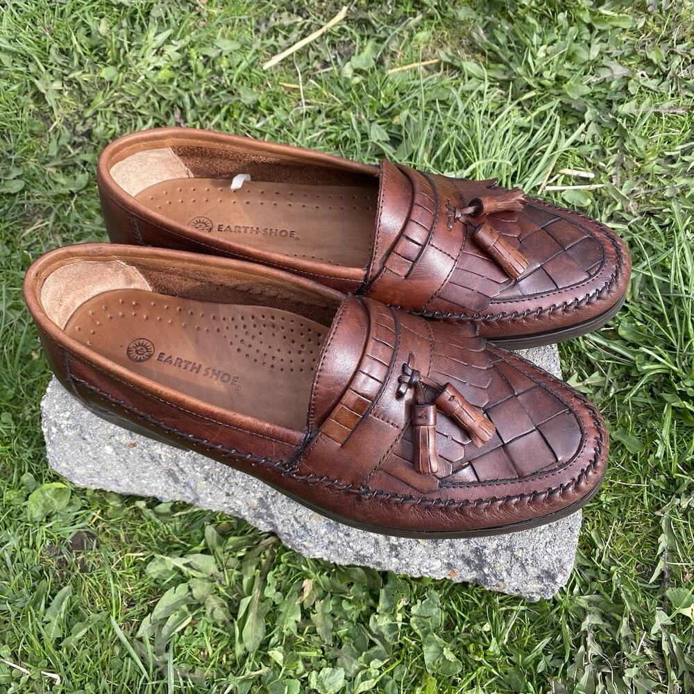 Men’s 10 Earth Shoe Brown Leather Tassel Loafers Woven Slip-On Comfort Dale II